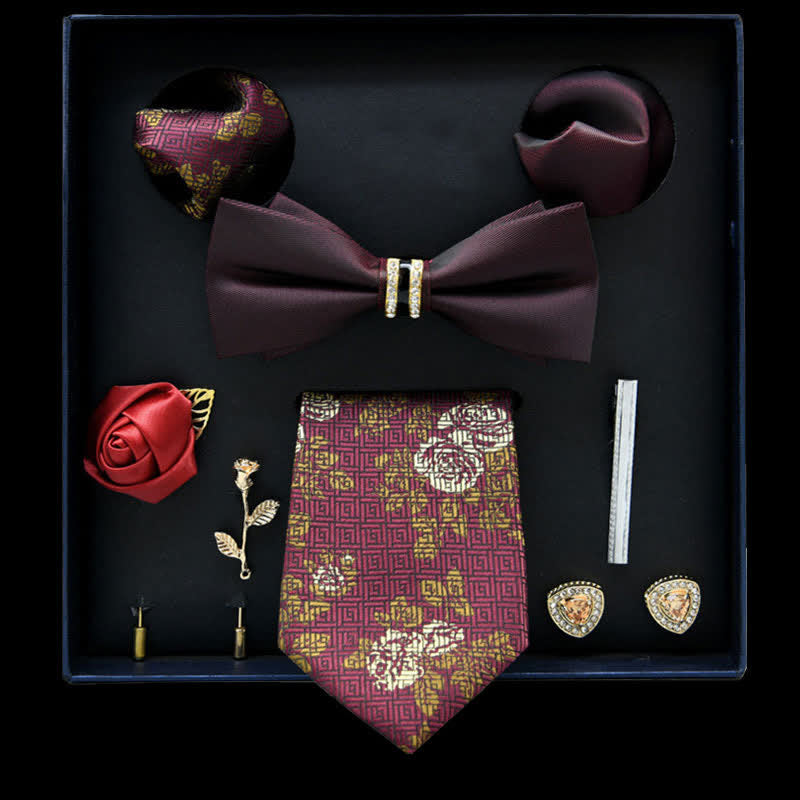 8Pcs Burgundy&FireBrick Floral Casual Necktie Bow Ties Gift Box