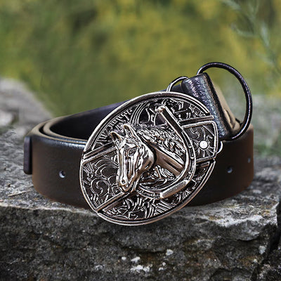 Classic Horse Head Leather Belt With Folding Knife