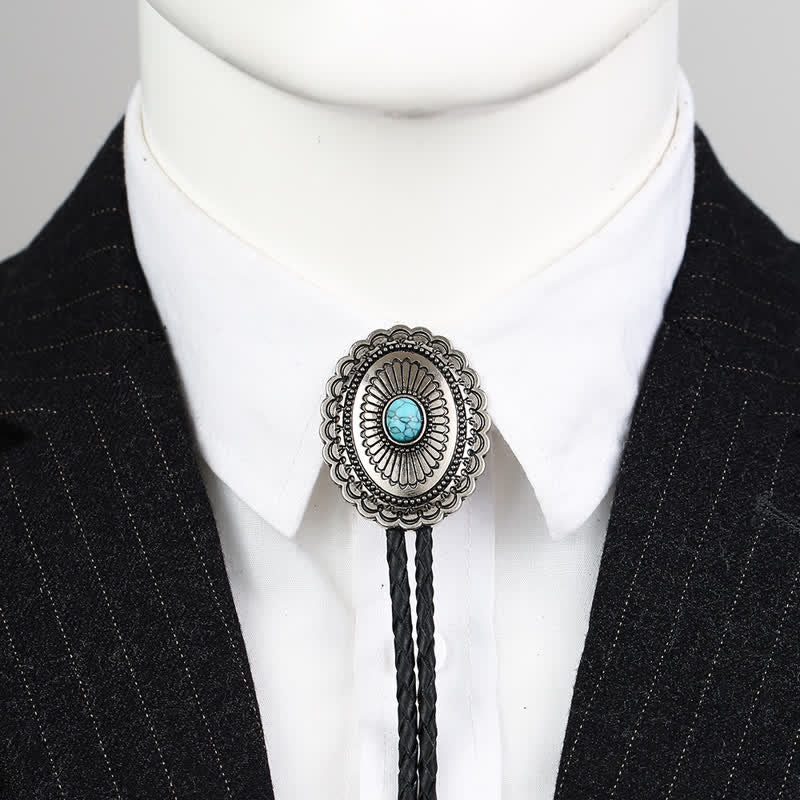 Natural Blue Turquoise Stone Medallion Bolo Tie