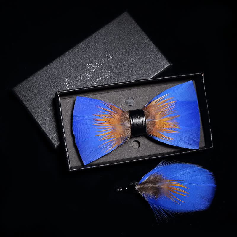 Cool Royal Blue & Orange Feather Bow Tie with Lapel Pin