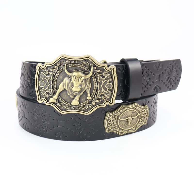 Men's Yak Matador Bull Decor Leather Belt