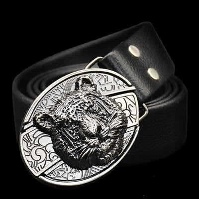 Men's DIY Leopard Head Hidden Folding Knife Leather Belt