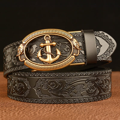 Men's Nautical Anchor Buckle Leather Belt