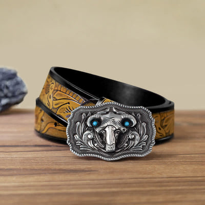 Men's DIY Goat Skull Turquoise Buckle Leather Belt