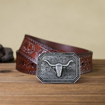 Men's DIY Simple Longhorn Bull Head Buckle Leather Belt