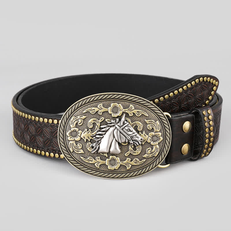 Men's Horse Head Relief Flower Detail Leather Belt