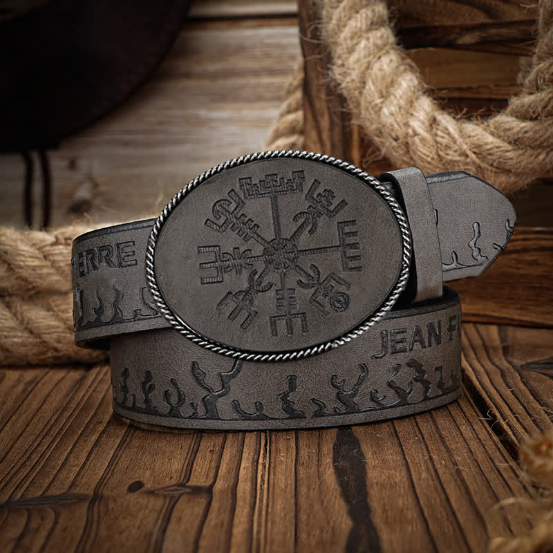 Men's Viking Compass Embossed Pattern Leather Belt