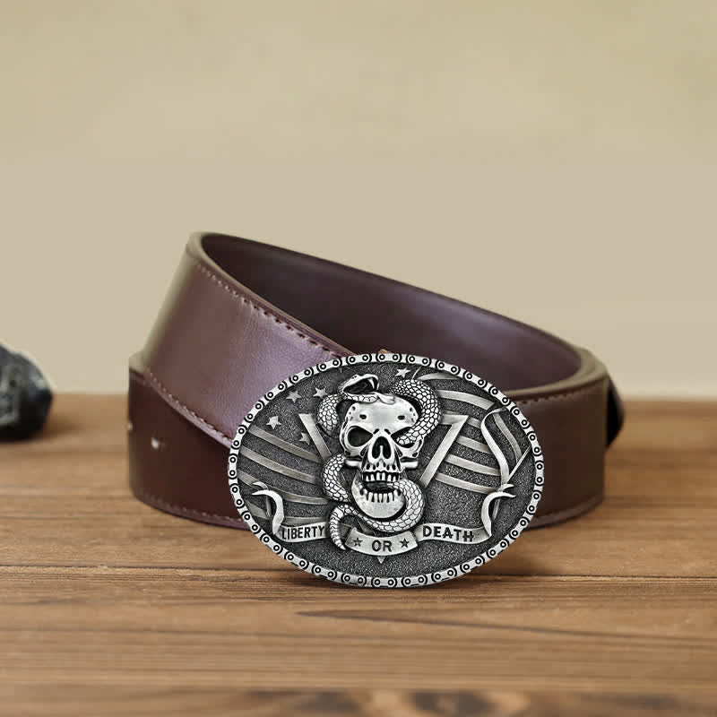 Men's DIY "Liberty or Death" Snake Skull Buckle Leather Belt