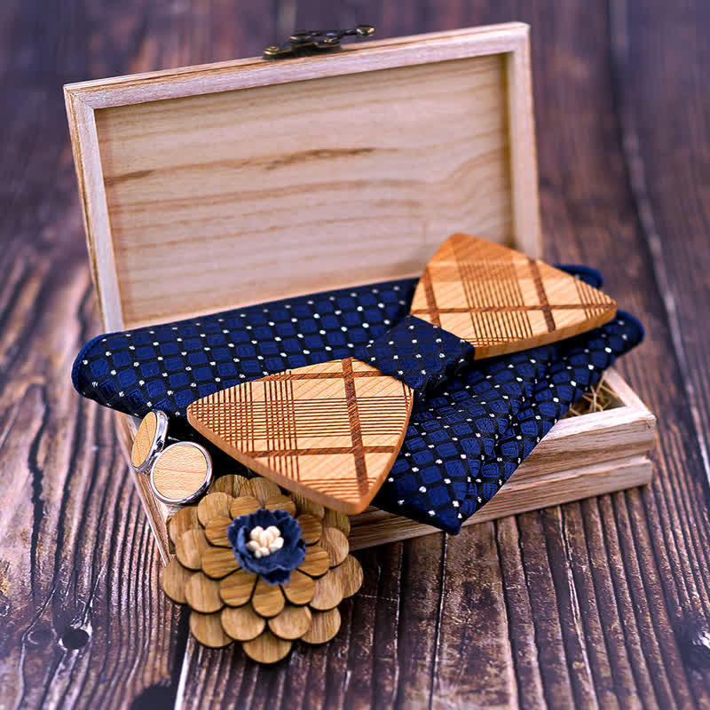 4Pcs Men's Carved Plaids Wooden Bow Tie Set