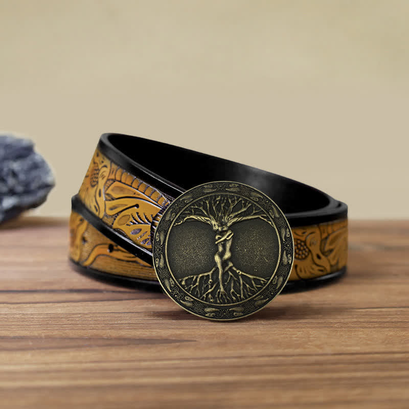 Men's DIY Tree Of Life Ash Elm Buckle Leather Belt