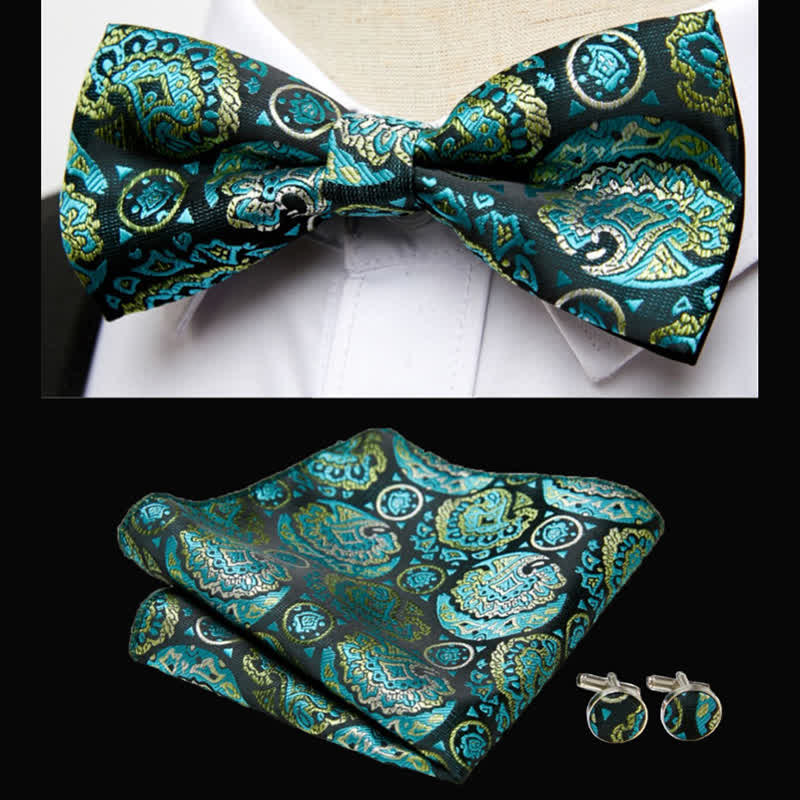 3Pcs Men's Emerald Paisley Bow Tie Pocket Square Set