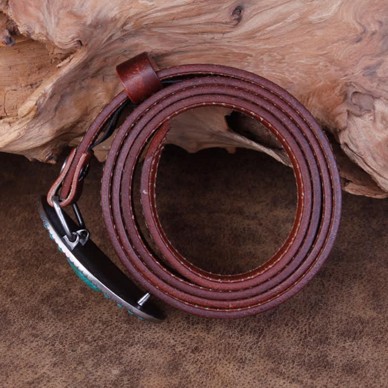 Unisex Carved Rose Turquoise Jade Agate Leather Belt