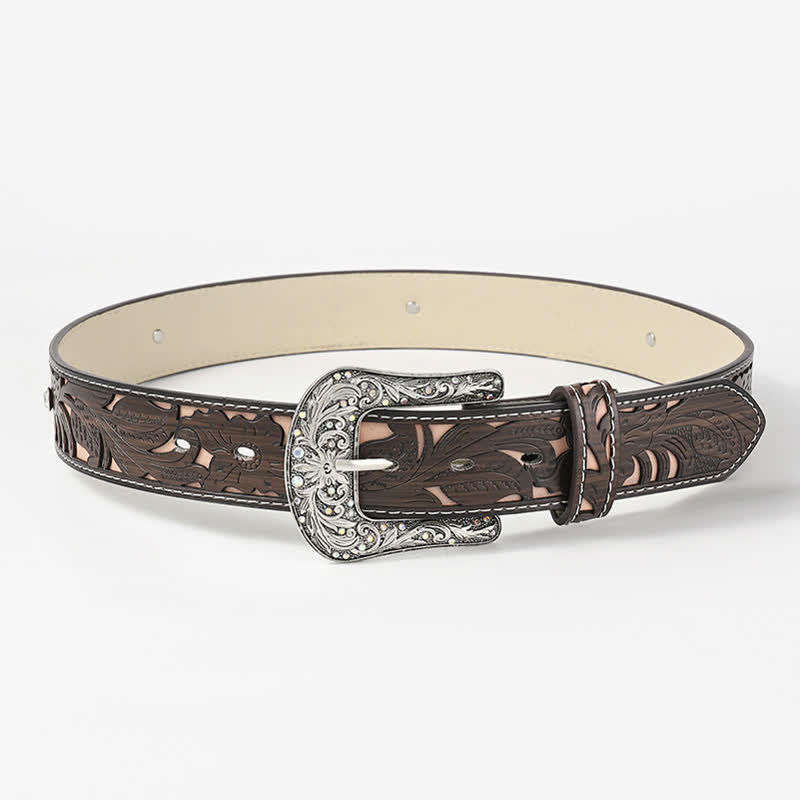 Women's Embossed Flower Rhinestone Coffee Leather Belt