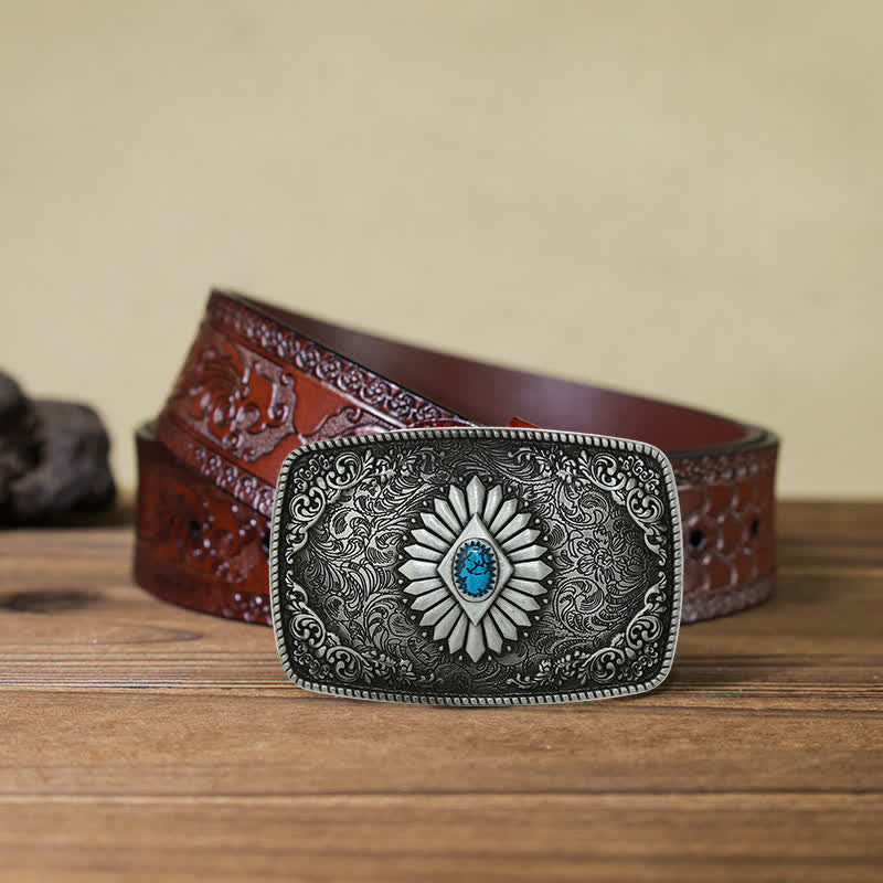 Men's DIY Square Turquoise Western Buckle Leather Belt