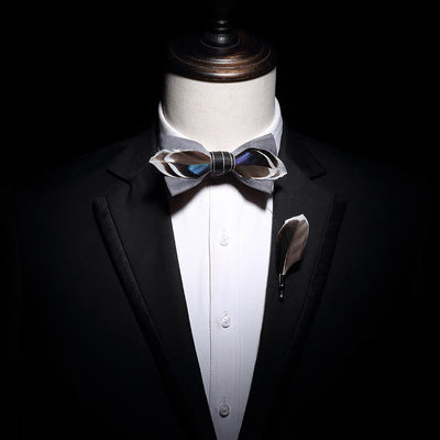 Gray Mallard Duck Feather Bow Tie with Lapel Pin