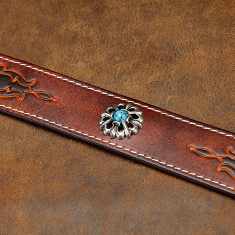 Unisex Retro Brown Turquoise Flower Leather Belt