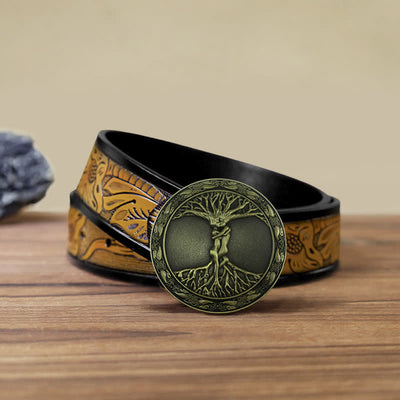 Men's DIY Tree Of Life Ash Elm Buckle Leather Belt