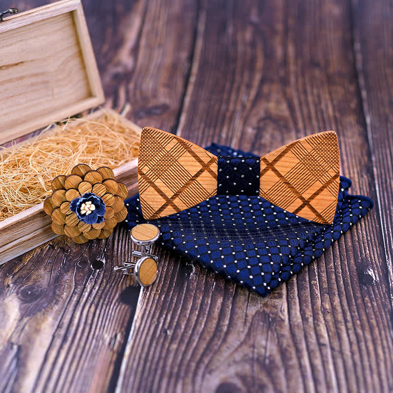 4Pcs Men's Carved Plaids Wooden Bow Tie Set