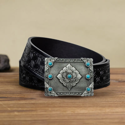 Men's DIY Western Turquoise Rectangular Buckle Leather Belt