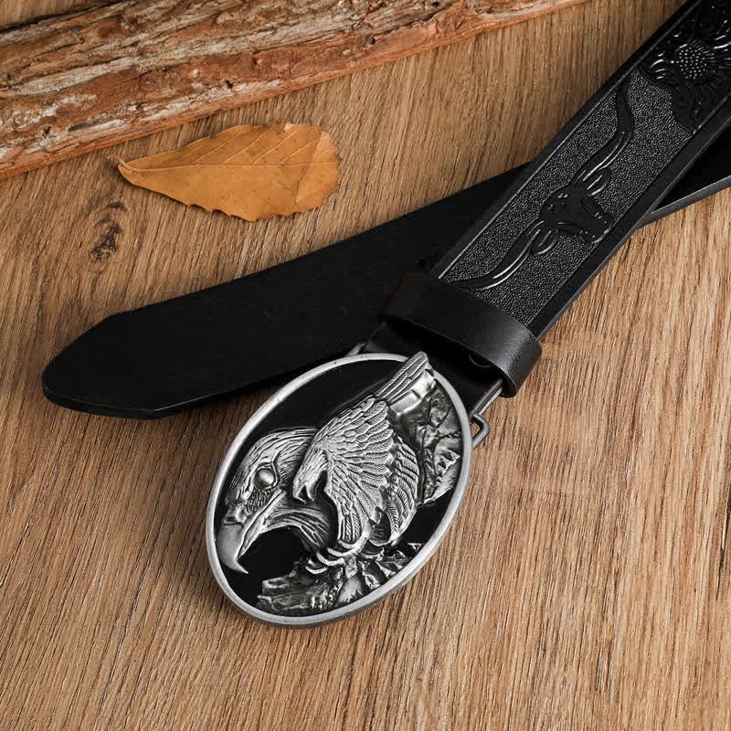 Men's Carved Bald Hawk Eagle Buckle Leather Belt