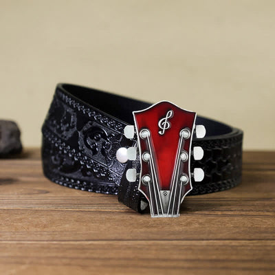 Men's DIY Musical Guitar Headstock Buckle Leather Belt