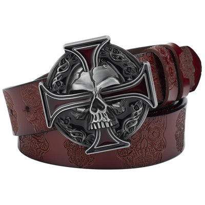 Men's Cross Skull Embossed Pattern Leather Belt