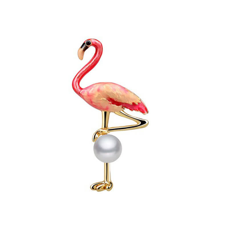 Women's Enameled Flamingo With Pearl Brooch