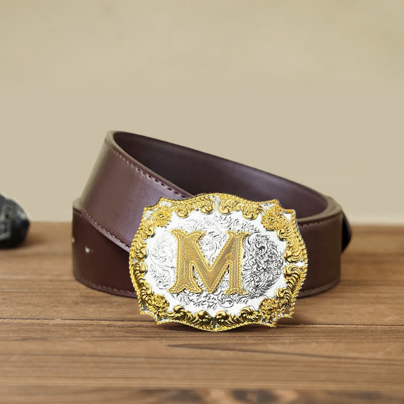 Men's DIY Golden Initial Letter Buckle Leather Belt