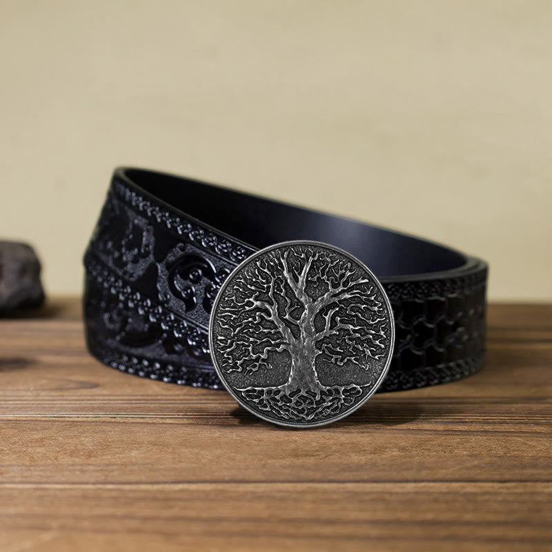 Men's DIY Tree of Life Round Buckle Leather Belt