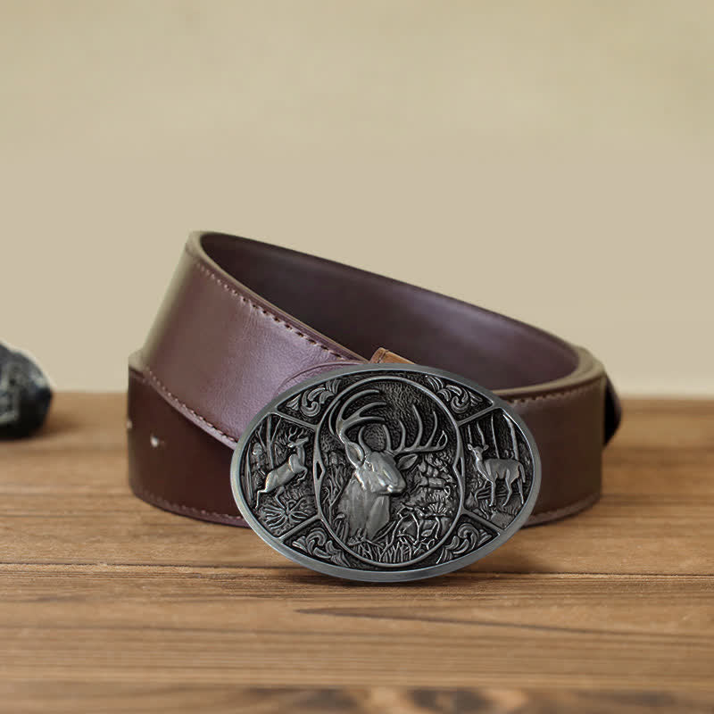 Men's DIY Animal Elk Deer Buckle Leather Belt