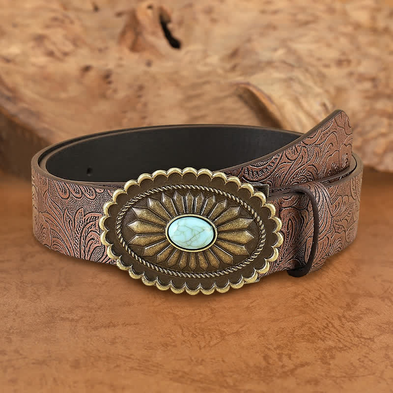 Women's Boho Turquoise Sunflower Brown Leather Belt