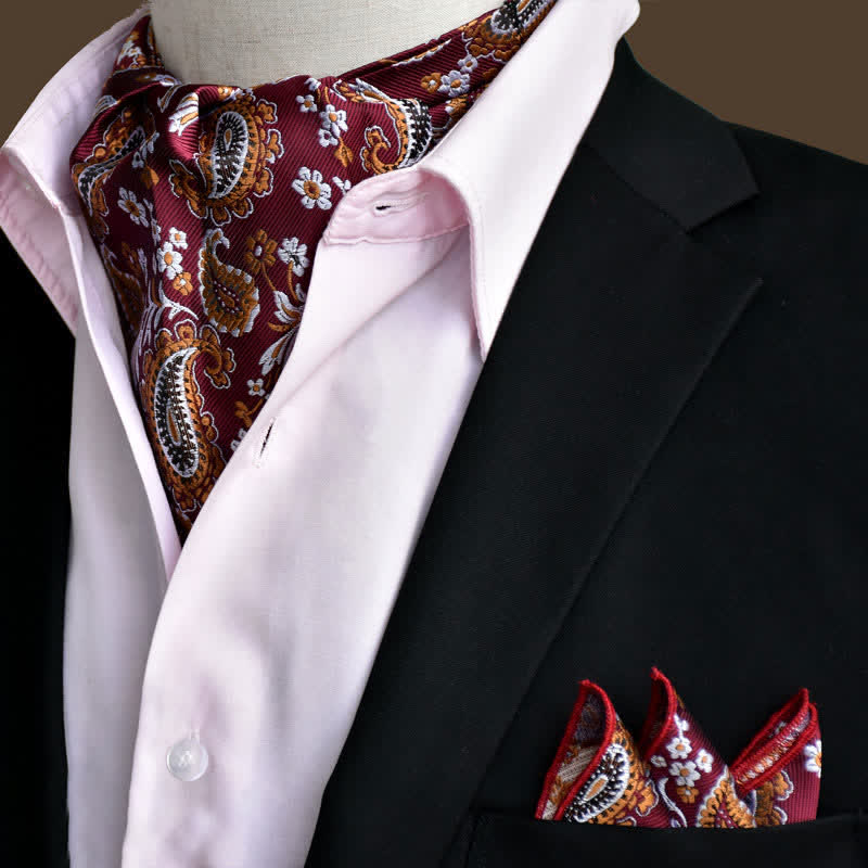 2Pcs DarkRed Luxury Floral Paisley Pocket Square and Cravat Set