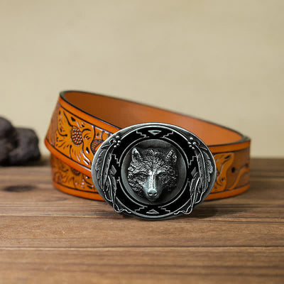 Men's DIY Vivid Wolf Head Buckle Leather Belt