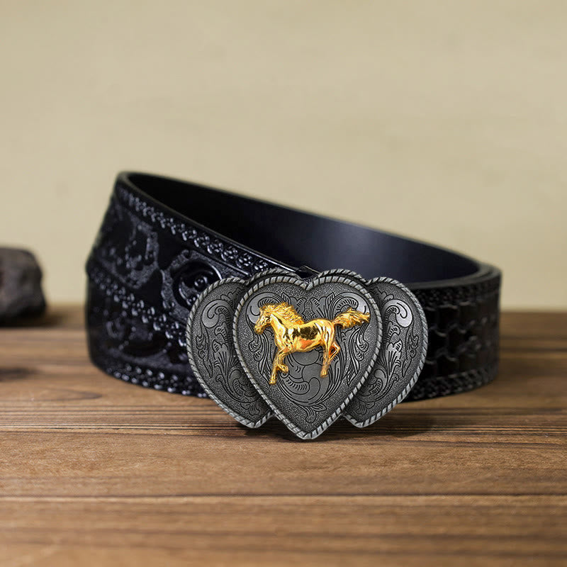 Men's DIY Horse Triple Heart Shaped Buckle Leather Belt