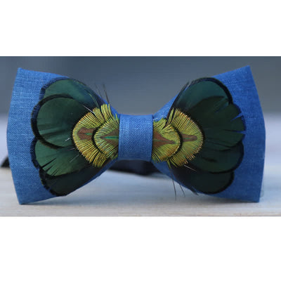 Dark Green & Blue Flax Peacock Feather Bow Tie
