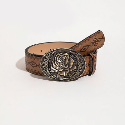 Western Style Rose Shaped Buckle Printed Leather Belt