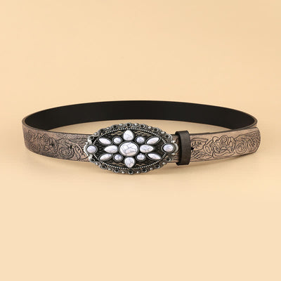 Women's Ethnic White Gem Embossed Leather Belt