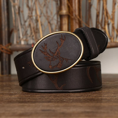 Men's Laser Engraving Deer Pattern Leather Belt