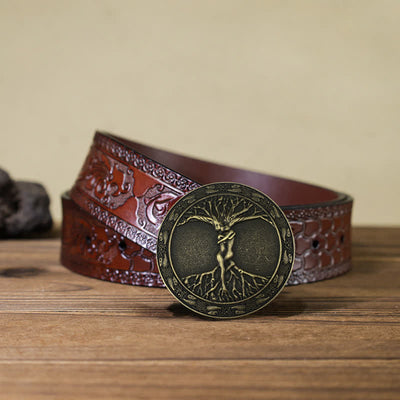 Men's DIY Tree Of Life Ash Elm Buckle Leather Belt