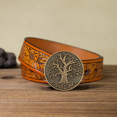 Men's DIY Tree of Life Round Buckle Leather Belt