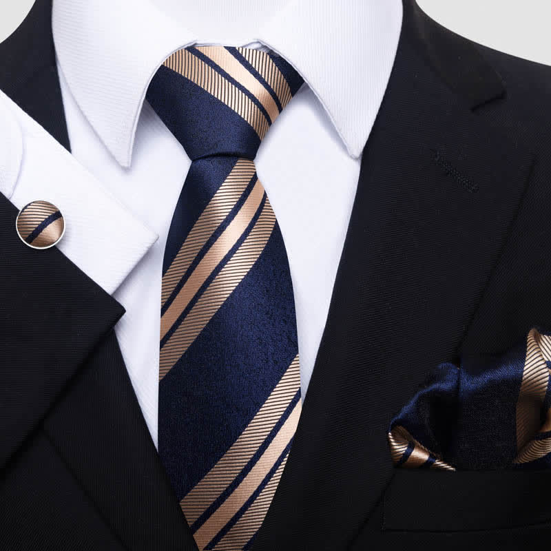 3Pcs Men's Navy & Wheat Striped Necktie Set