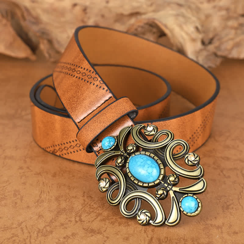 Women's Bohemian Turquoise Stone Floral Buckle Leather Belt