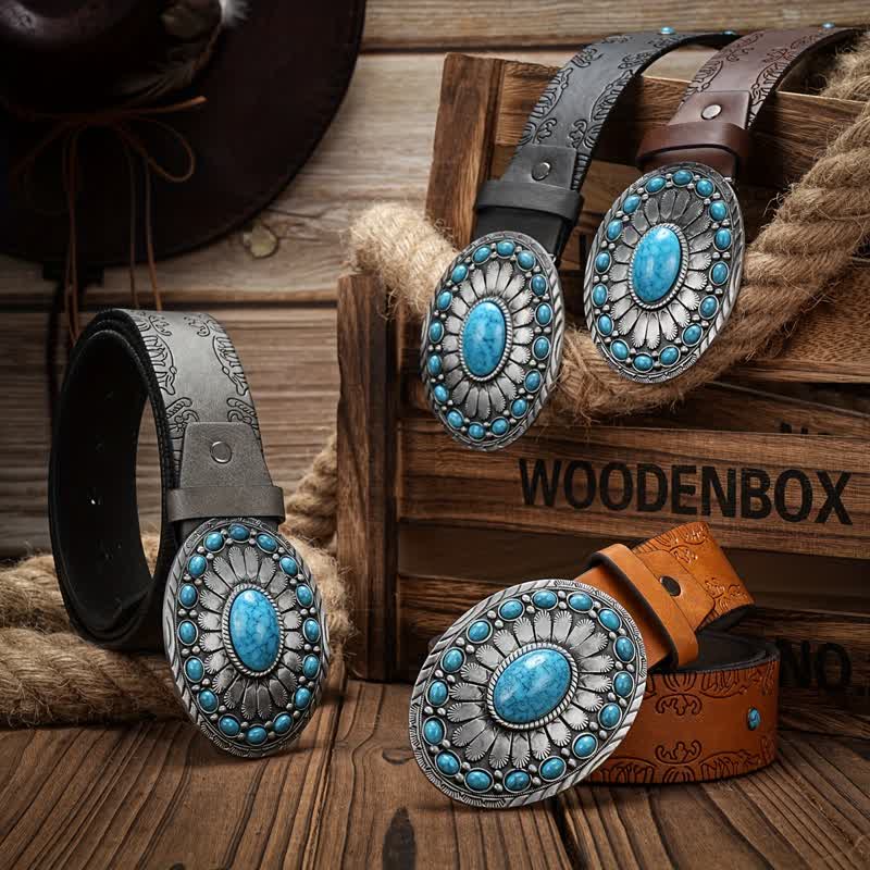 Men's Western Oval Turquoise Buckle Leather Belt