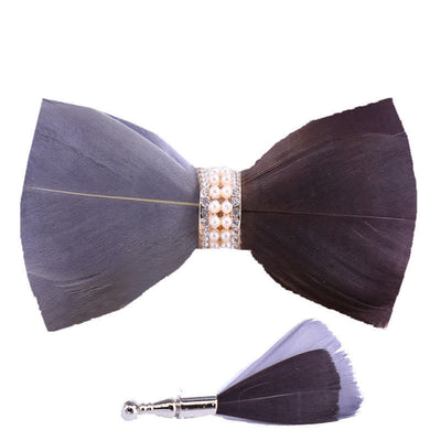 Gray & Brown Shiny Pearl Feather Bow Tie with Lapel Pin