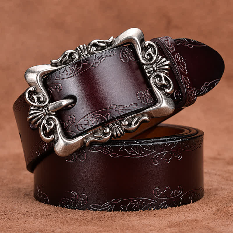 Women's Elegant Carved Flower Buckle Leather Belt