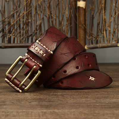 Men's Distressed Double Needle Buckle Leather Belt