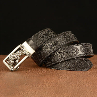 Men's Tiger Buckle Floral Embossed Leather Belt