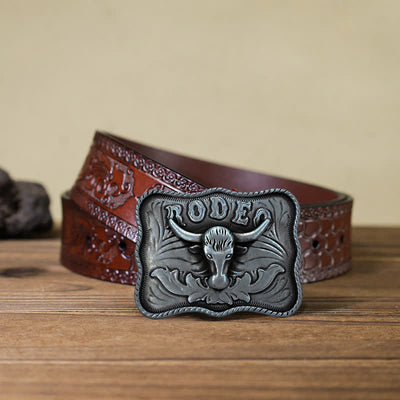 Men's DIY Silver Longhorn Bull Rodeo Buckle Leather Belt