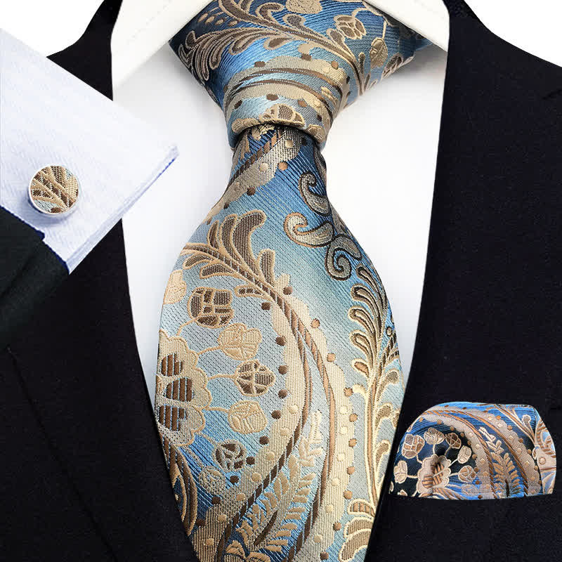 3Pcs Men's Novelty Blue & Brown Paisley Necktie Set