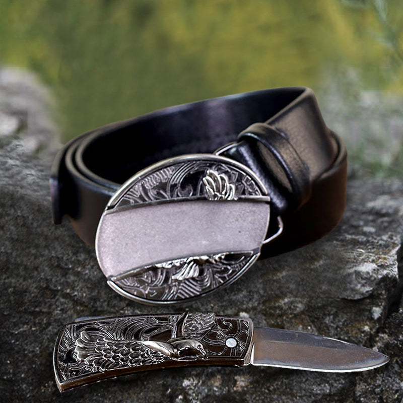 Men's Soaring Eagle Leather Belt With Folding Knife